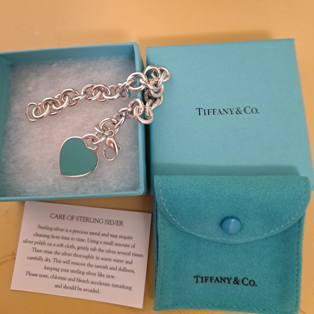 T&Co. Silver Blue Enamel Heart Tag Bracelet